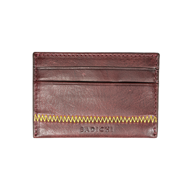 Burgundy Denim Leather Card Case Wallet