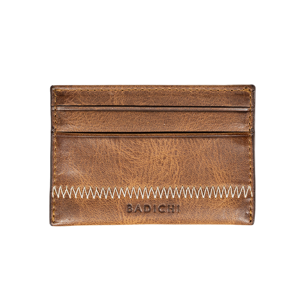 Cognac Denim Leather Card Case Wallet